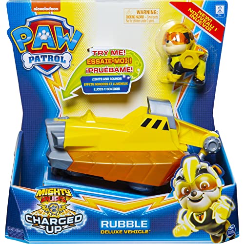 PAW Patrol Mighty Pups Charged Up Rubble's Deluxe - Vehículo con Luces y Sonidos de la Patrulla Canina