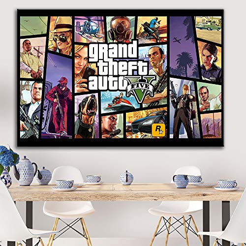 PCCASEWIND Grand Theft Auto V Game Poster GTA 5 Canvas Art Print Painting Wall Pictures para La Habitación Decoración del Hogar Decoración De La Pared (50X70Cm Sin Marco) Ad-568