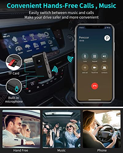 PENCCOR Receptor Transmisor Bluetooth 5.0, Adaptador Audio Wireless Coche con Tarjeta TF Micrófono por PC Computador TV Teléfono Xiaomi iPhone Samsung Oneplus Alcatel Altovoz Auriculares MP3 Sony etc