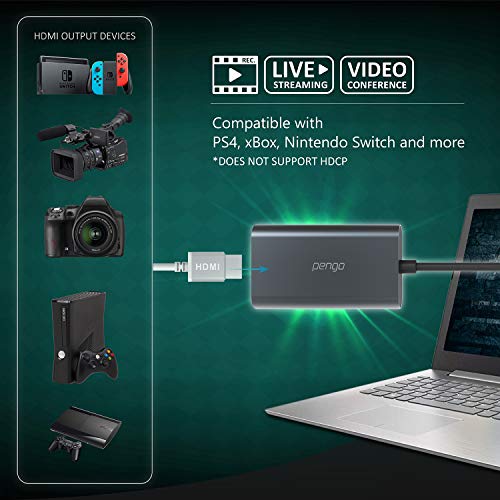 pengo Capturadora HDMI a USB Tipo-C 3.0 (UVC 1.0), Capturadora de Video y Audio 1080p@60fps/720p@60fts/480@60fps, para Xbox/PS/Switch/DSLR/Cámaras. Compatible con Win/Mac OS. (No HDCP/No 1080i)