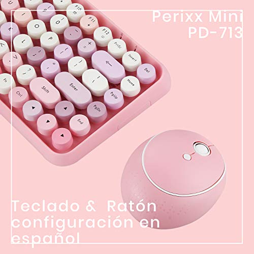 Perixx PERIDUO-713 Set de ratón y Mini Teclado inalámbrico 2.4 GHz, Teclas Redondas Estilo Retro, Rosado Pastel, Español QWERTY