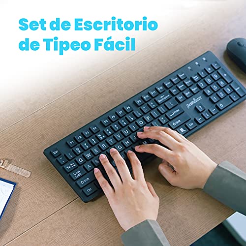 Perixx PERIDUO-717 Juego de Teclado sin Cable tamaño Normal con Letras Impresas en Grande y Ratón, Negro, Español QWERTY