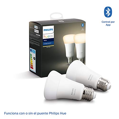 Philips Hue - Bombilla inteligente, E27, Luz cálida regulable, 9W, Compatible con Alexa y Google Home - Pack de 2 Bombillas LED inteligentes