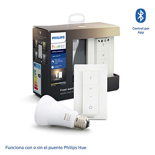 Philips Hue - Bombilla inteligente, E27, Luz cálida y fría, Mando inteligente inclido, 8.5W, Compatible con Alexa y Google Home - Pack de 1 Bombilla LED inteligente