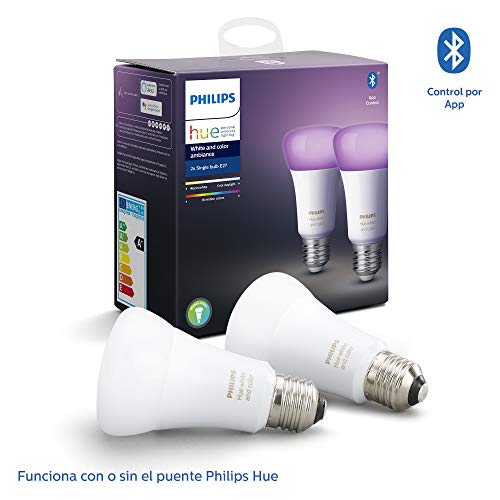 Philips Hue Pack de 2 Bombillas Inteligentes LED E27, con Bluetooth, Luz Blanca y Color, Compatible con Alexa y Google Home