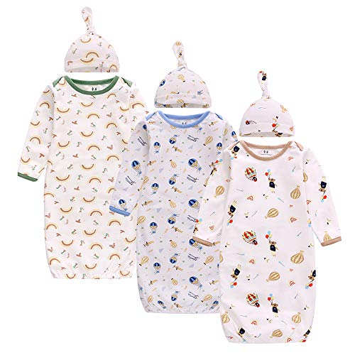 Pijama Invierno bebé, Saco de Dormir Invierno bebé, Paquete de 3 Ropa para Dormir + 3 Gorros para ecién Nacida, niño, niña de 0 a 6 Meses, 78 * 22cm, Mangas Largas, algodón