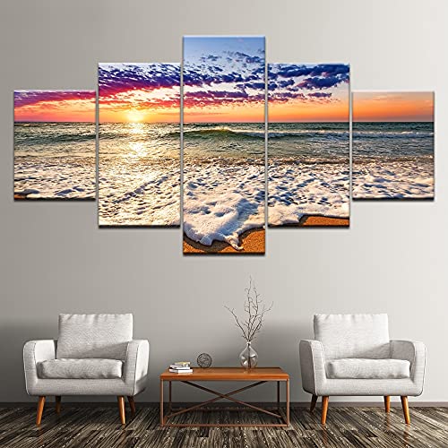 Pintura de pared, lienzo de impresión HD, imagen modular, 5 paneles, playa, puesta de sol, paisaje marino, impresiones artísticas, póster sin marco A16 S