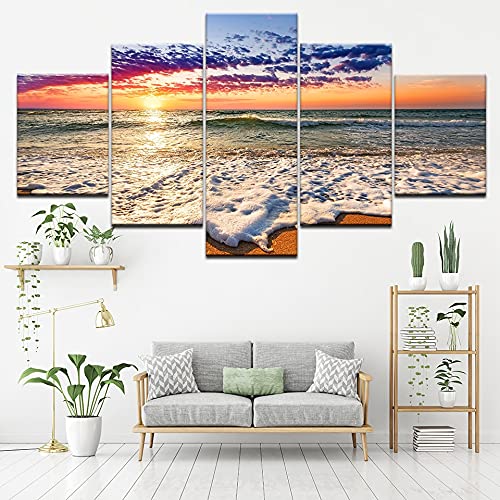 Pintura de pared, lienzo de impresión HD, imagen modular, 5 paneles, playa, puesta de sol, paisaje marino, impresiones artísticas, póster sin marco A16 S