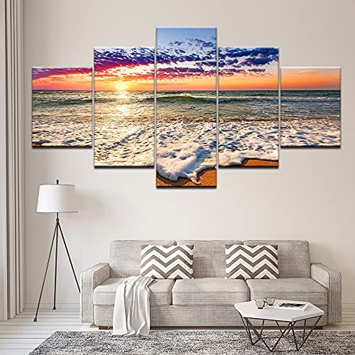 Pintura de pared, lienzo de impresión HD, imagen modular, 5 paneles, playa, puesta de sol, paisaje marino, impresiones artísticas, póster sin marco A16 S