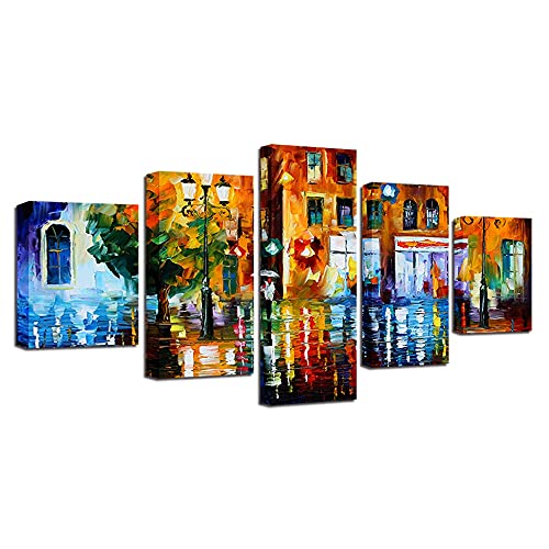 Pintura decorativa impresa en lienzo HD, pintura de paisaje de calle lloviendo, decoración de pared de sala de estar, 5 imágenes A69 S