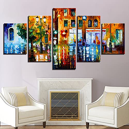 Pintura decorativa impresa en lienzo HD, pintura de paisaje de calle lloviendo, decoración de pared de sala de estar, 5 imágenes A69 S