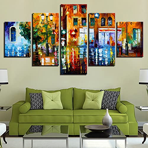 Pintura decorativa impresa en lienzo HD, pintura de paisaje de calle lloviendo, decoración de pared de sala de estar, 5 imágenes A69 S