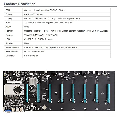 Placa Base de la Máquina Minera, BTC S37 Mining Machine Motherboard CPU Group 8 Video Card Slots DDR3 Memory Integrated VGA Interface Low Power Consume