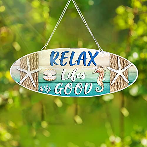 Placa Colgante de Metal de Playa de Vagabundos con Diseño Vintage Placa de Pared Puerta Letrero Decorativo con Estrella de Mar, Caballito de Mar y Vieira para Decoración, 12 x 4 Pulgadas