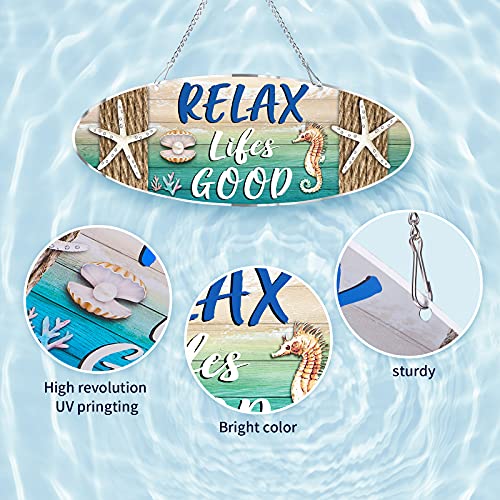 Placa Colgante de Metal de Playa de Vagabundos con Diseño Vintage Placa de Pared Puerta Letrero Decorativo con Estrella de Mar, Caballito de Mar y Vieira para Decoración, 12 x 4 Pulgadas