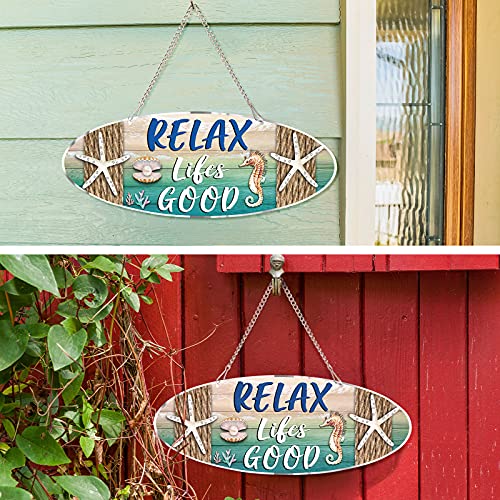 Placa Colgante de Metal de Playa de Vagabundos con Diseño Vintage Placa de Pared Puerta Letrero Decorativo con Estrella de Mar, Caballito de Mar y Vieira para Decoración, 12 x 4 Pulgadas