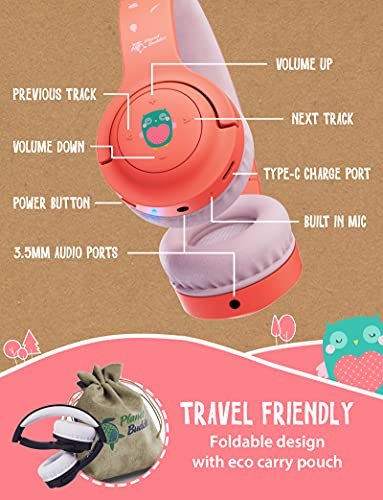 Planet Buddies Auriculares Inalámbricos para Niños, Bluetooth Seguros Volumen Limitado para Niños, Auriculares Plegables con Micrófono, Compatibles con Tableta, 38 Horas de Tiempo, Diseño de Búho