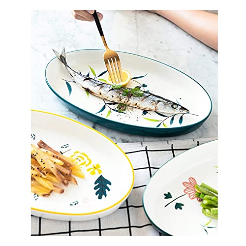 Plato Llano Plato Llano de cerámica con Motivos Florales, Plato Grande Ovalado para Pescado, Postre Personalizado, Plato para Aperitivos, Apto para microondas y Horno. Plato (Color: A, Tamaño: 1 paq