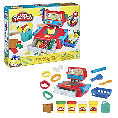 Play-Doh Caja registradora de juguete para niños de 3 años en adelante con divertidos sonidos, accesorios de comida y 4 colores no tóxicos (Hasbro 0)