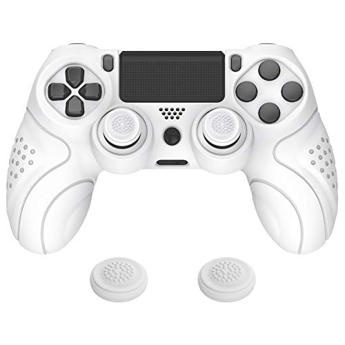 PlayVital Funda de Silicona para PS4 Protector de Piel Carcasa Blanda Antideslizante con 2 Tapas de Joysticks para Playstation 4 Funda de Goma para Dualshock 4 Control(Edición Guardian-Blanco)