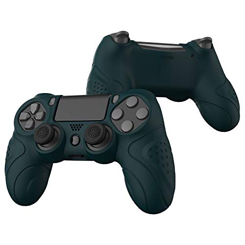 PlayVital Funda de Silicona para PS4 Protector de Piel Carcasa Blanda Antideslizante con Tapas de Joystick para Playstation 4 Funda de Goma para Dualshock 4 Control(Edición Guardian-Oscuro Verde)