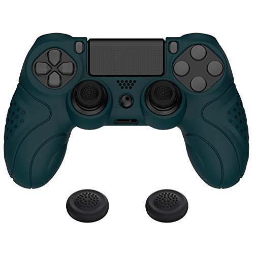 PlayVital Funda de Silicona para PS4 Protector de Piel Carcasa Blanda Antideslizante con Tapas de Joystick para Playstation 4 Funda de Goma para Dualshock 4 Control(Edición Guardian-Oscuro Verde)