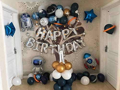 Ponmoo 87 piezas Globos Cumpleaños de Niño, Azul Decoraciones para Espacio Fiestas de Cumpleaños, Globo de Cohete Astronauta Robot Happy Birthday, Decoración de Feliz Cumpleaños con Accesorios