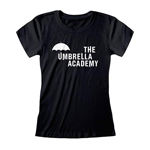 Popgear Umbrella Academy Logotipo del Texto de Las Mujeres Camiseta Cabida Negro M | S-XXL, señoras de la Manera apropiada Delgada Superior, Regalos de cumpleaños, mamá Regalo Hija de la Hermana Idea