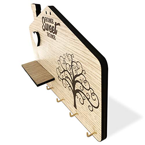 Portallaves de pared fabricado con tablero de fibra de densidad media (DM) con el texto «Home Sweet Home», grabado del árbol de la vida, corazón blanco en relieve y repisa, 6 ganchos, color madera