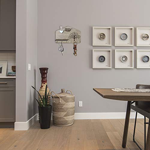 Portallaves de pared fabricado con tablero de fibra de densidad media (DM) con el texto «Home Sweet Home», grabado del árbol de la vida, corazón blanco en relieve y repisa, 6 ganchos, color madera