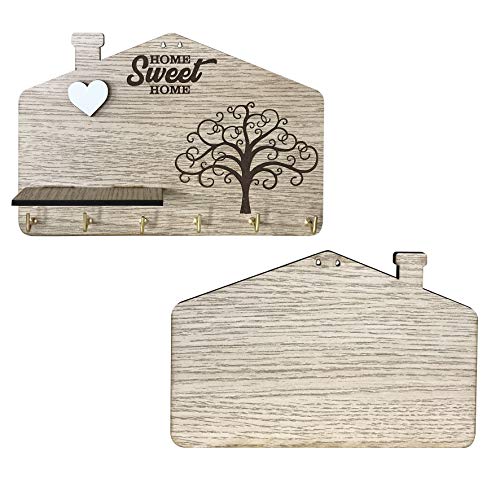 Portallaves de pared fabricado con tablero de fibra de densidad media (DM) con el texto «Home Sweet Home», grabado del árbol de la vida, corazón blanco en relieve y repisa, 6 ganchos, color madera