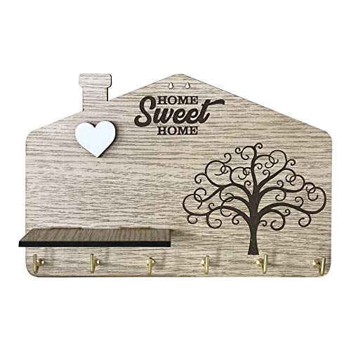 Portallaves de pared fabricado con tablero de fibra de densidad media (DM) con el texto «Home Sweet Home», grabado del árbol de la vida, corazón blanco en relieve y repisa, 6 ganchos, color madera