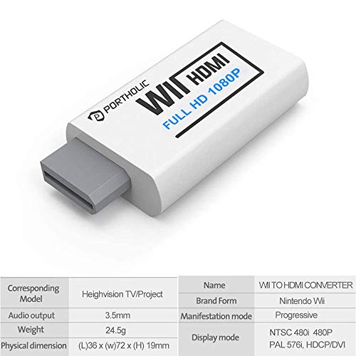 PORTHOLIC Convertidor Wii a HDMI Wii2HDMI 720P, 1080P Full HD Adaptador con Cable HDMI con Salida de Audio de 3,5 mm y Puerto para Nintendo Wii HDTV Proyector Beamer Monitor Blanco