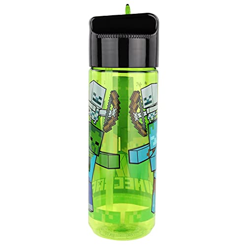 P:os 33171 - Botella de agua para niños, aprox. 540 ml, diseño transparente con motivo Minecraft y pajita integrada, sin BPA ni ftalatos