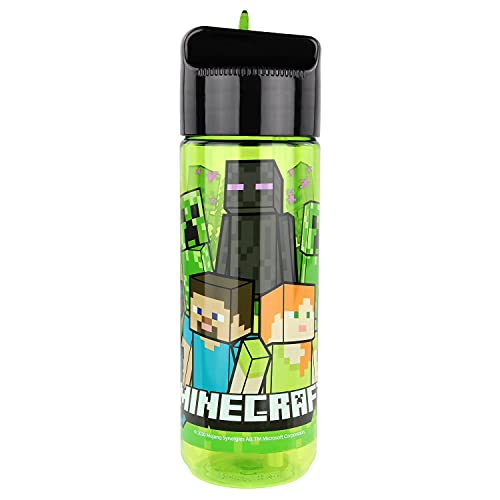 P:os 33171 - Botella de agua para niños, aprox. 540 ml, diseño transparente con motivo Minecraft y pajita integrada, sin BPA ni ftalatos