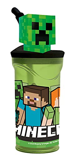 POS 33198 – Vaso para niños con pajita y tapa, transparente, incluye figura 3D en diseño Minecraft, aprox. 360 ml, sin BPA ni ftalatos