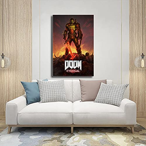 Póster en primera persona con el logotipo de los dioses antiguos y con el texto en inglés "First Person" Shooter Game Doom Eternal The Ancient Gods