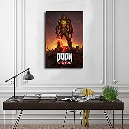 Póster en primera persona con el logotipo de los dioses antiguos y con el texto en inglés "First Person" Shooter Game Doom Eternal The Ancient Gods