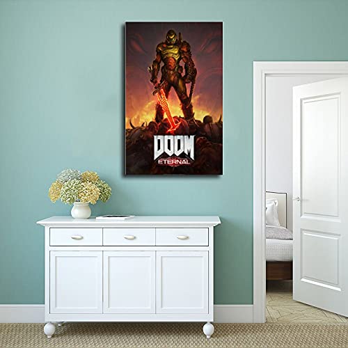 Póster en primera persona con el logotipo de los dioses antiguos y con el texto en inglés "First Person" Shooter Game Doom Eternal The Ancient Gods