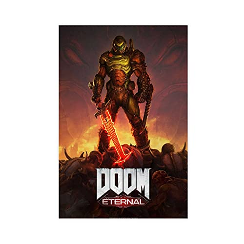 Póster en primera persona con el logotipo de los dioses antiguos y con el texto en inglés "First Person" Shooter Game Doom Eternal The Ancient Gods