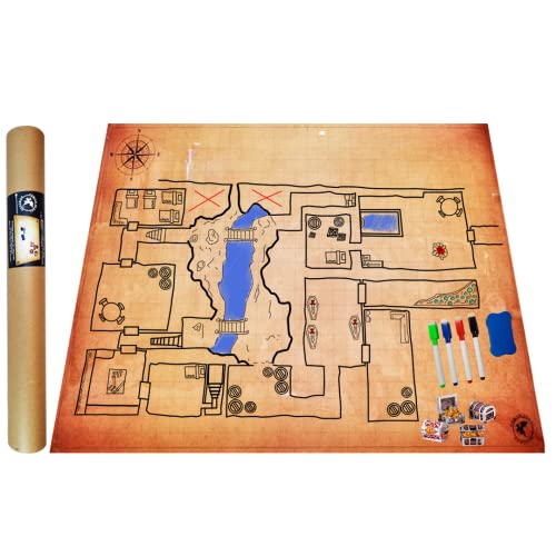 POWER BEAST Dungeon Grid Game Mat + Rotuladores y Borrador + Cofres, Mapa Juego rol, D&D, Tablero rol y Juegos de Mesa, Dungeons and Dragons, DND, RPG, Juegos de rol.