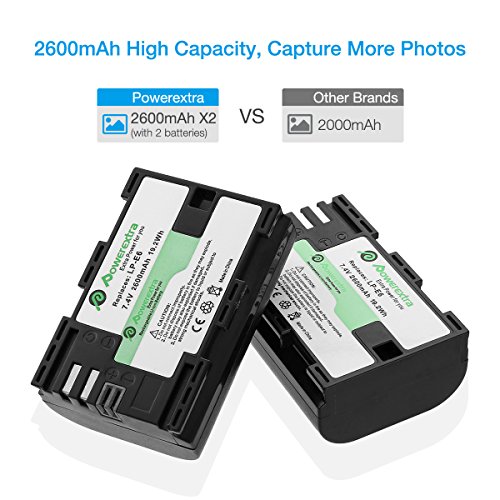 Powerextra Batería de Repuesto para Canon LP-E6 y LP-E6N con Cargador Pantalla LCD USB para Canon EOS 80D 6D 7D 70D 60D 5D Mark III 5D Mark II BG-E14 BG-E11 BG-E9 BG-E7 LC-E6 BG-E6