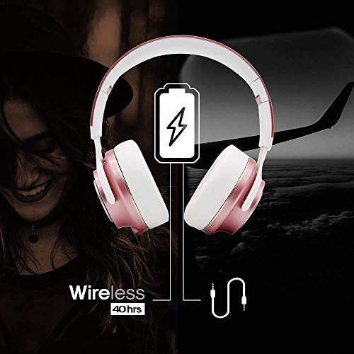 PowerLocus Bluetooth Auriculares Diadema, [Bluetooth 5.0,40h de música] Cascos Bluetooth Inalámbrico Plegable Casco Bluetooth y Cable Sonido Estéreo con Micrófono para iPhone,Móviles,TV, PC, Oro Rosa