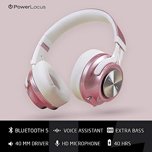PowerLocus Bluetooth Auriculares Diadema, [Bluetooth 5.0,40h de música] Cascos Bluetooth Inalámbrico Plegable Casco Bluetooth y Cable Sonido Estéreo con Micrófono para iPhone,Móviles,TV, PC, Oro Rosa