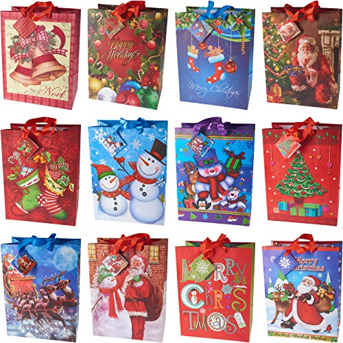 Prextex 12 Bolsas navideñas surtidas de 33 cm Bolsas de regalo navideñas de gran tamaño Surtido de motivos con purpurina
