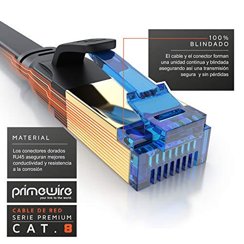Primewire – 10m Cable de Red Cat 8 Plano - 40 Gbits - Cable Gigabit Ethernet LAN 40000 Mbits con Conector RJ 45 - Revestido de PVC - Blindaje U FTP Pimf - Compatible Switch Rúter Modem PC Smart-TV