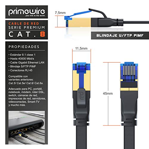 Primewire – 10m Cable de Red Cat 8 Plano - 40 Gbits - Cable Gigabit Ethernet LAN 40000 Mbits con Conector RJ 45 - Revestido de PVC - Blindaje U FTP Pimf - Compatible Switch Rúter Modem PC Smart-TV