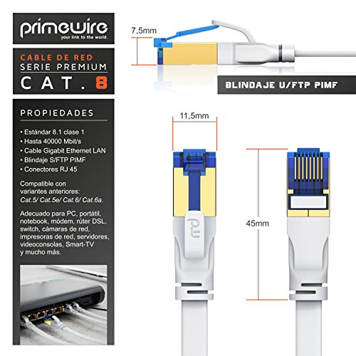 Primewire – 15m Cable de Red Cat 8 Plano - 40 Gbits - Cable Gigabit Ethernet LAN 40000 Mbits con Conector RJ 45 - Revestido de PVC - Blindaje U FTP Pimf - Compatible Switch Rúter Modem PC Smart-TV