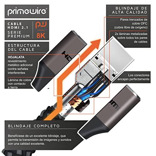 Primewire – 2m - Cable Premium 8K HDMI 2.1-8K a 120 Hz DSC - 4K 2K - 7680 x 4320 - UHD II - HDMI 2.1 2.0a 2.0b - 3D - Alta Velocidad Ethernet – HDR - eARC – Compatible BLU Ray PS4 PS5 Xbox