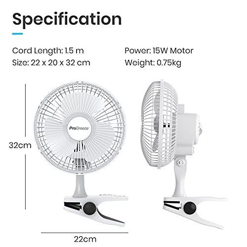 Pro Breeze Mini Ventilador de Sobremesa con Clip I Pequeño Ventilador Eléctrico con Funcionamiento Ultra silencioso y 2 Configuraciones de Velocidad I 15W para Hogar, Cama, Oficina y Escritorio